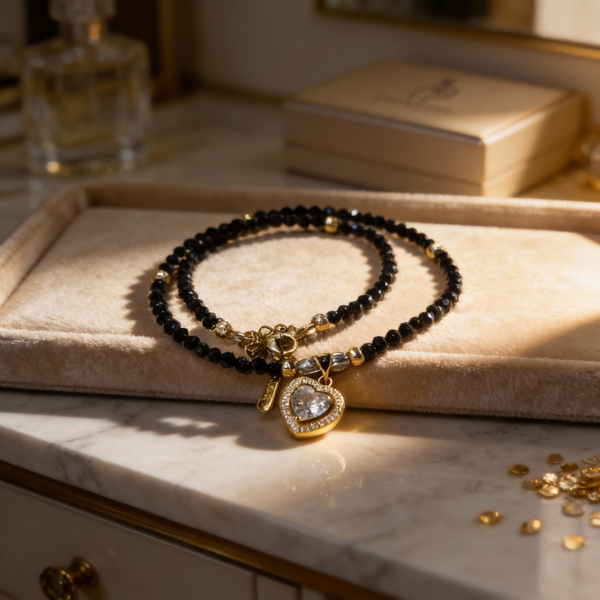 Elegant black onyx heart necklace styled on a warm neutral background