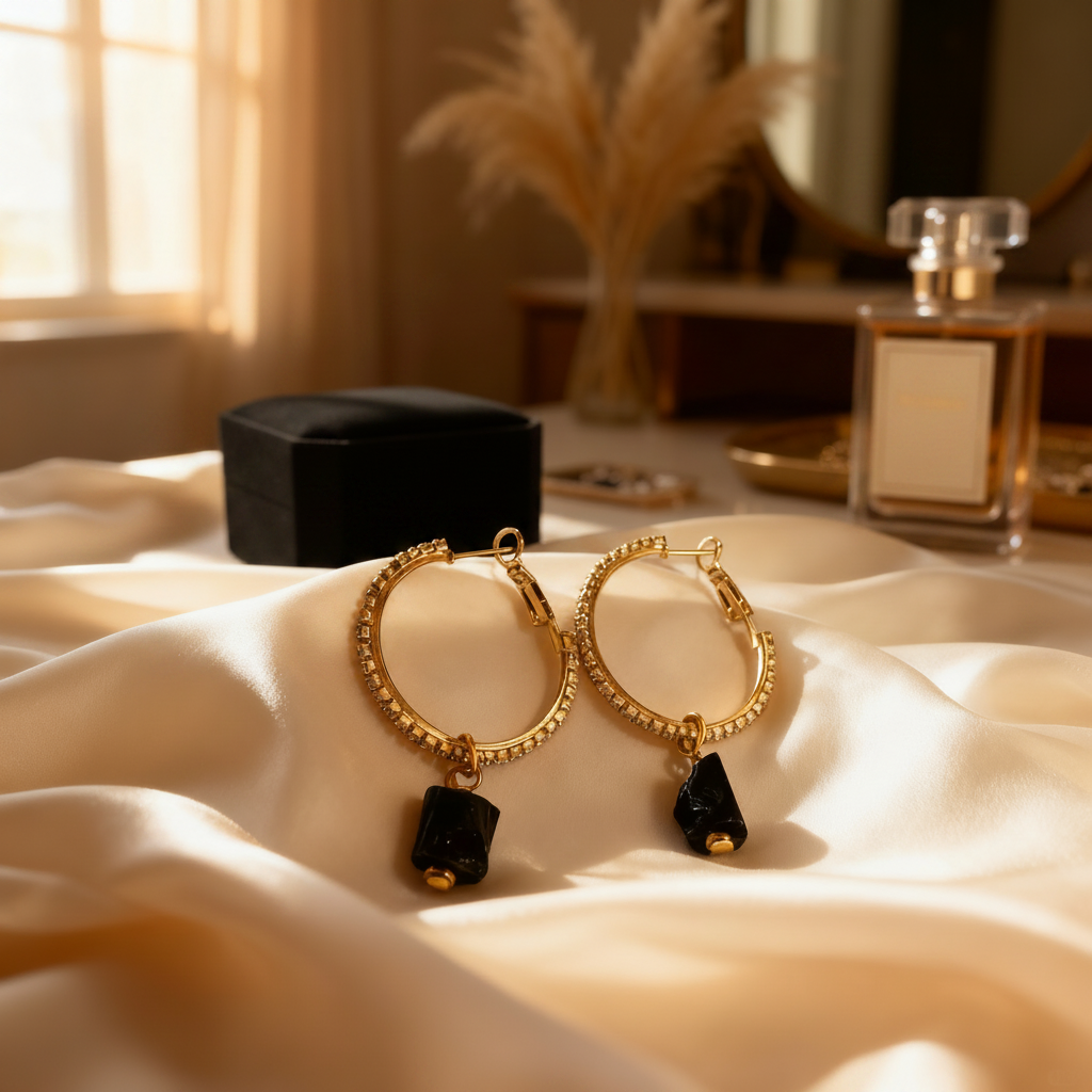 Handmade black gemstone hoop earrings styled on ivory silk