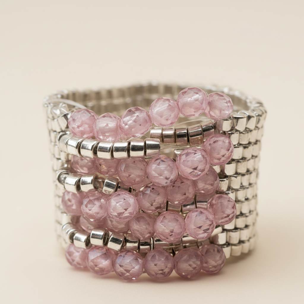 Close-up of faceted pink zirconia and silver Miyuki beads on a statement ring