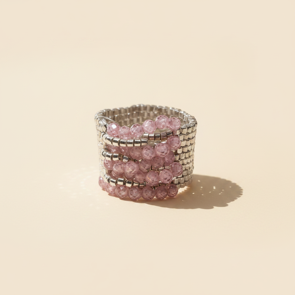 Blush Éclat wide handmade ring with silver Miyuki beads and pink zirconia