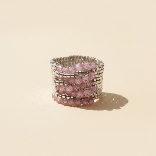 Blush Éclat wide handmade ring with silver Miyuki beads and pink zirconia