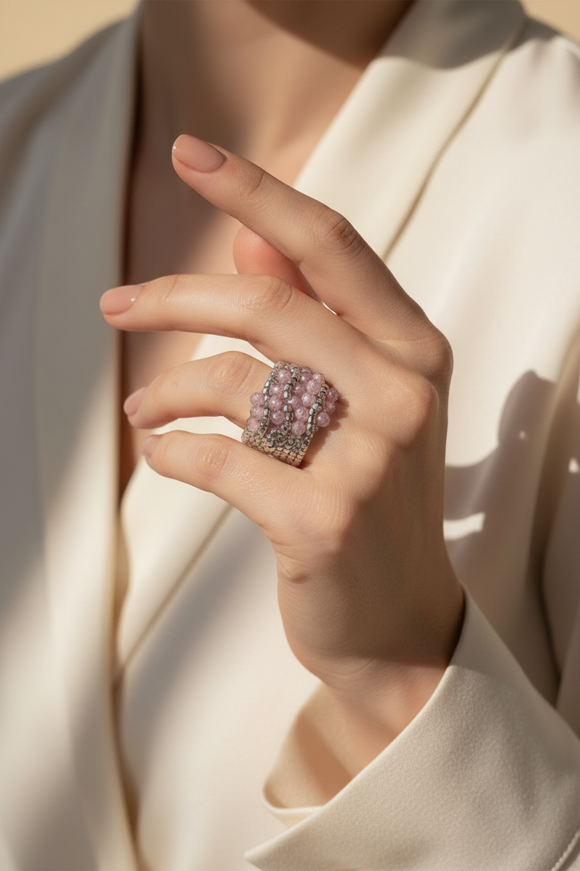 Woman wearing a wide pink and silver handmade Miyuki ring