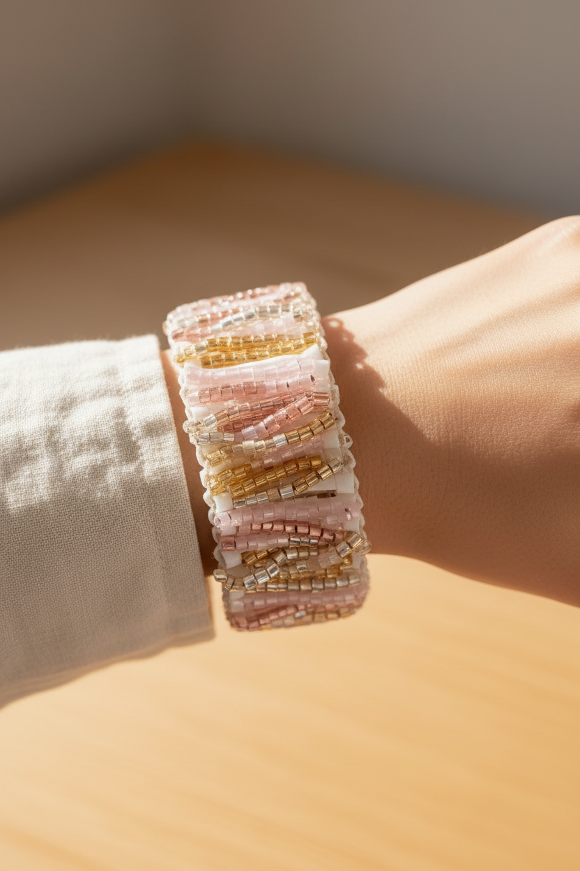 Woman wearing a wide blush and ivory Miyuki cuff bracelet