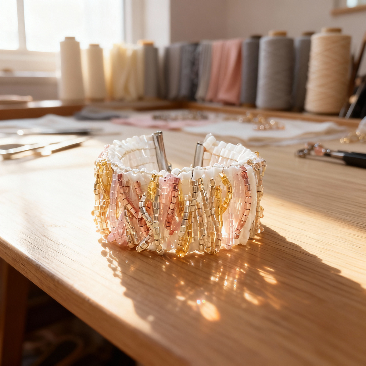 Blush Mosaic mauve and gold Miyuki cuff styled in a luxury setting