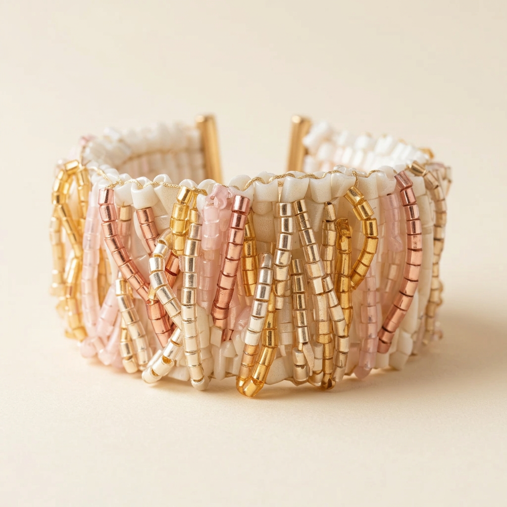Blush Mosaic handmade Miyuki statement cuff with mauve and 24K gold geometric beadwork
