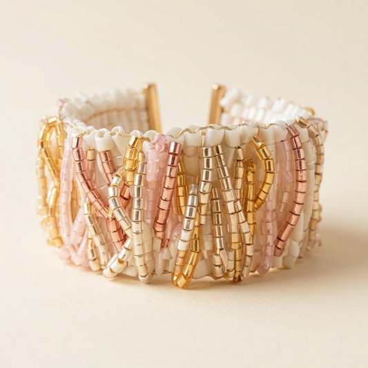 Blush Mosaic handmade Miyuki statement cuff with mauve and 24K gold geometric beadwork