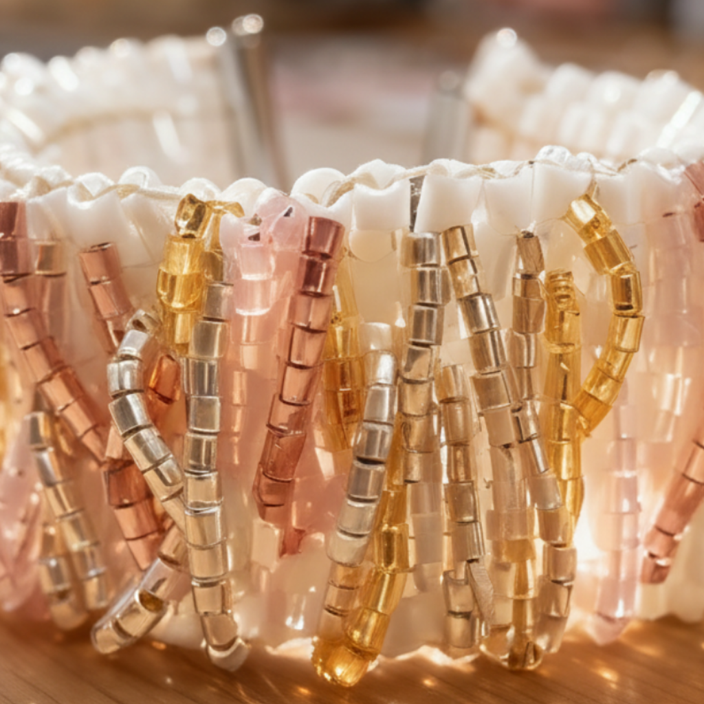 Close-up of mauve Miyuki Tila beads and 24K gold-plated Miyuki accents