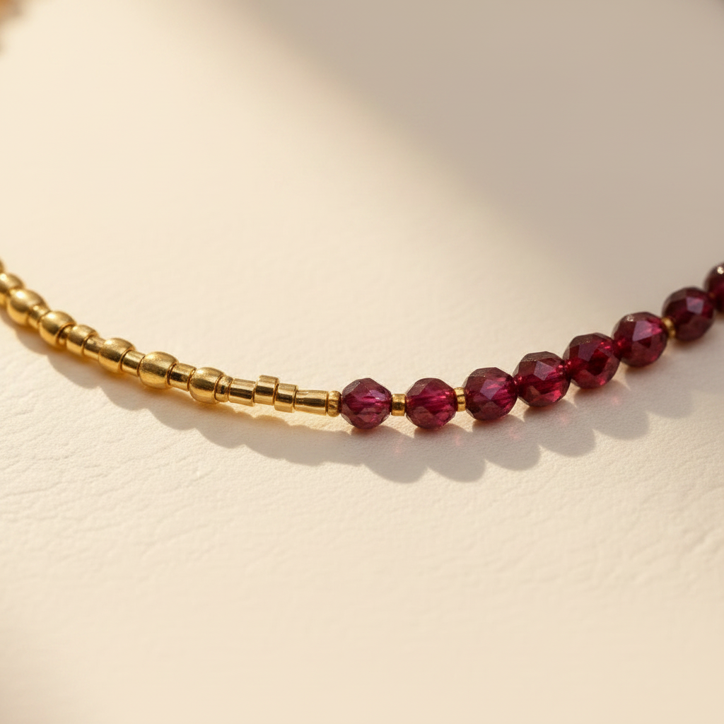 Close-up of faceted garnet and golden Miyuki Delica beads