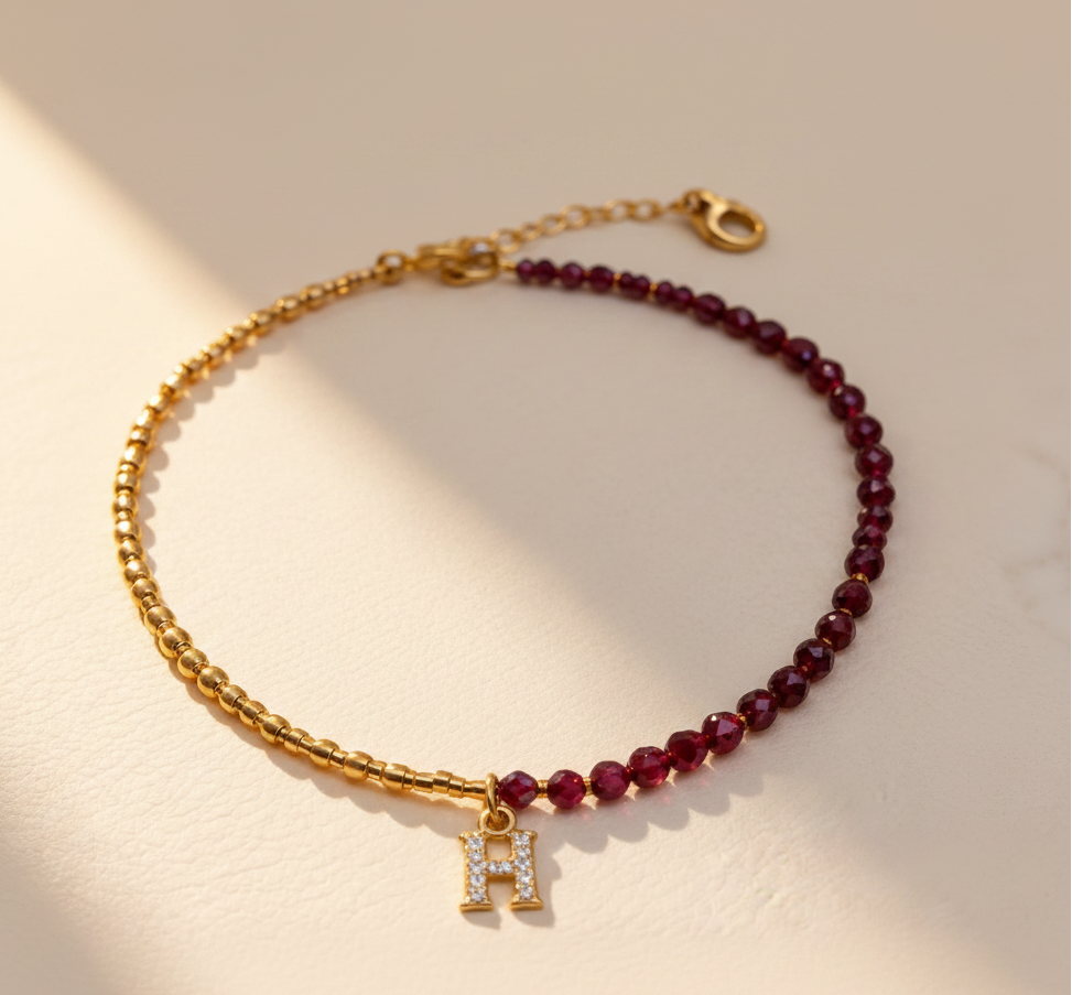 Personalized garnet and gold Miyuki necklace with sparkling initial charm
