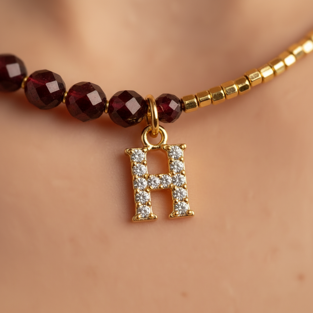 Sparkling crystal initial charm on a handmade garnet necklace