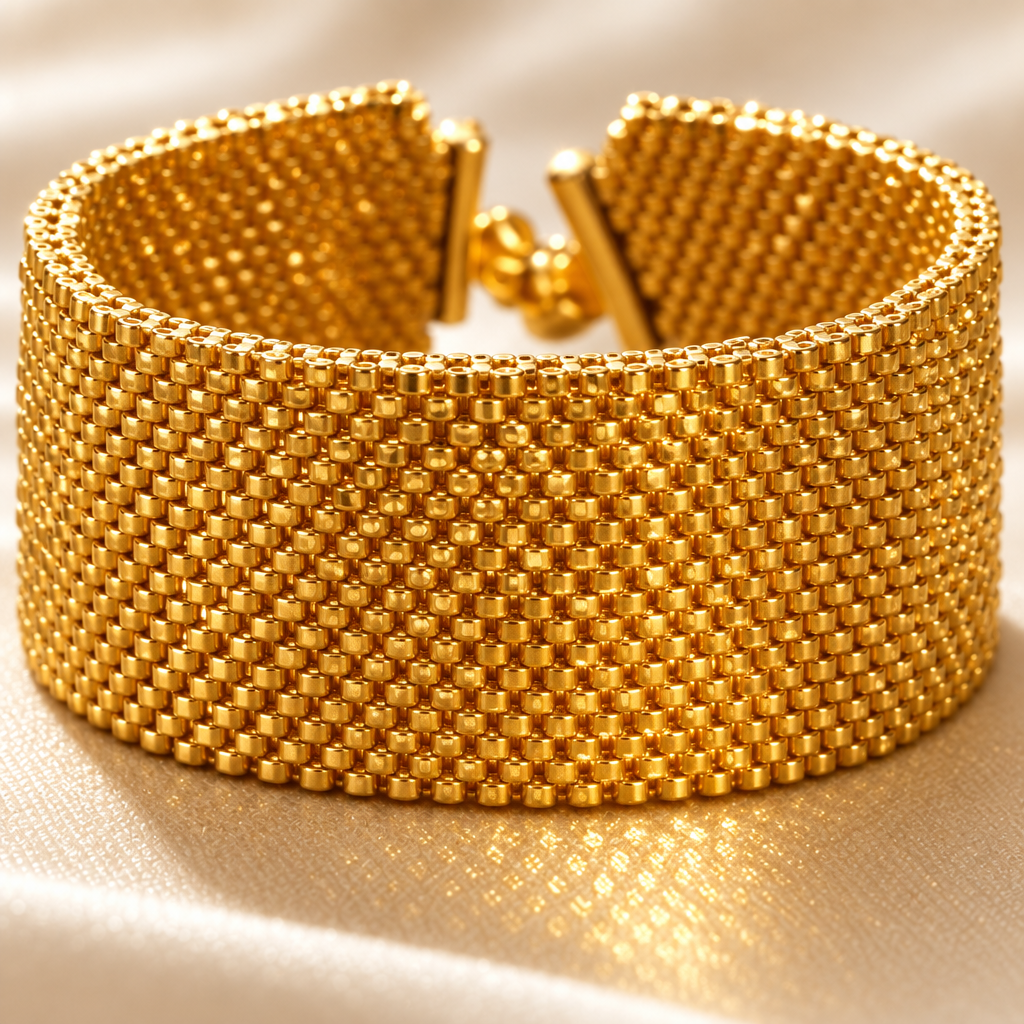 Close-up of Éclat Doré handwoven 24K gold-plated Miyuki Delica cuff