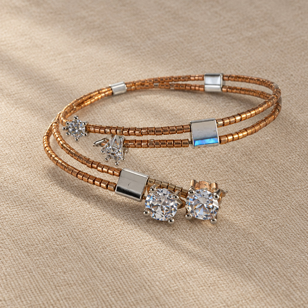 Close-up of the Éclat Mirror Duo wrap bracelet on beige fabric, highlighting Miyuki beads, silver hematite squares and clear zircon accents.