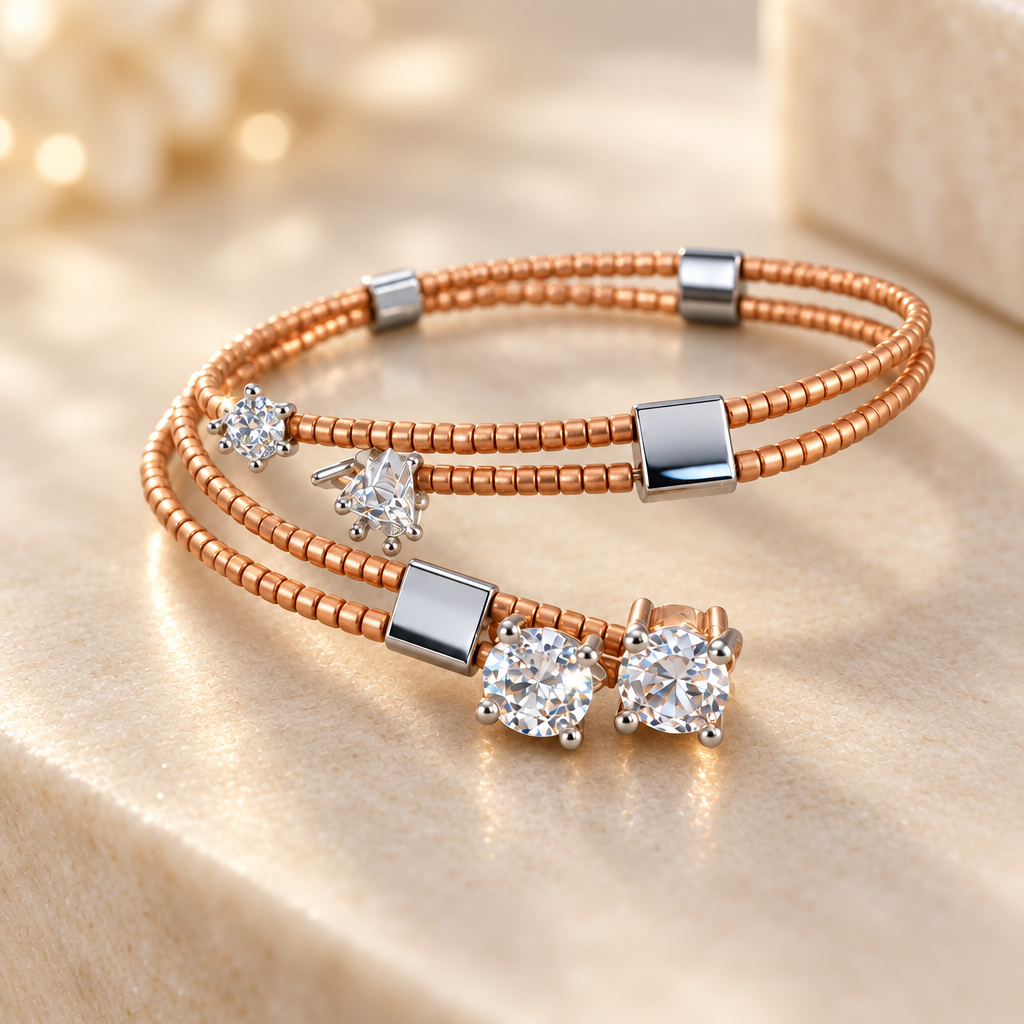 Éclat Mirror Duo bracelet on a cream stone surface, with rose-gold-tone beadwork, reflective silver squares and sparkling clear stones.