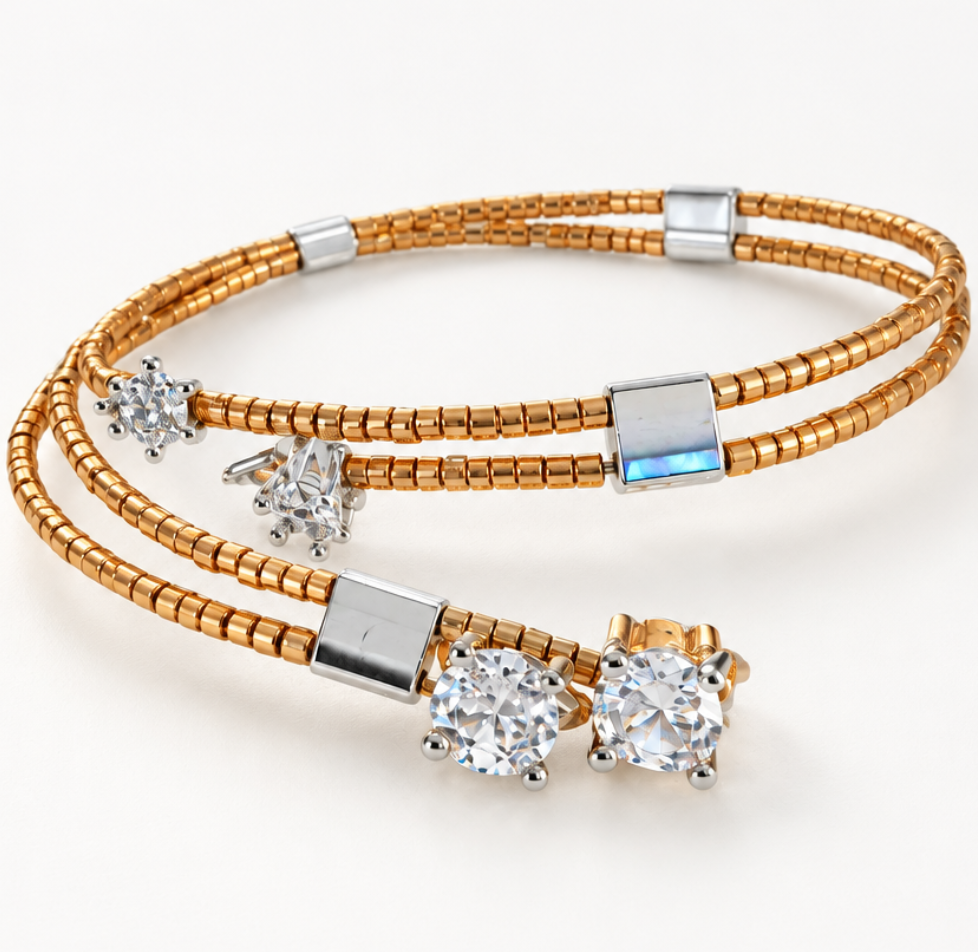 Éclat Mirror Duo wrap bracelet with rose-gold-tone Miyuki beads, silver hematite squares and clear zircon accents on a white background.