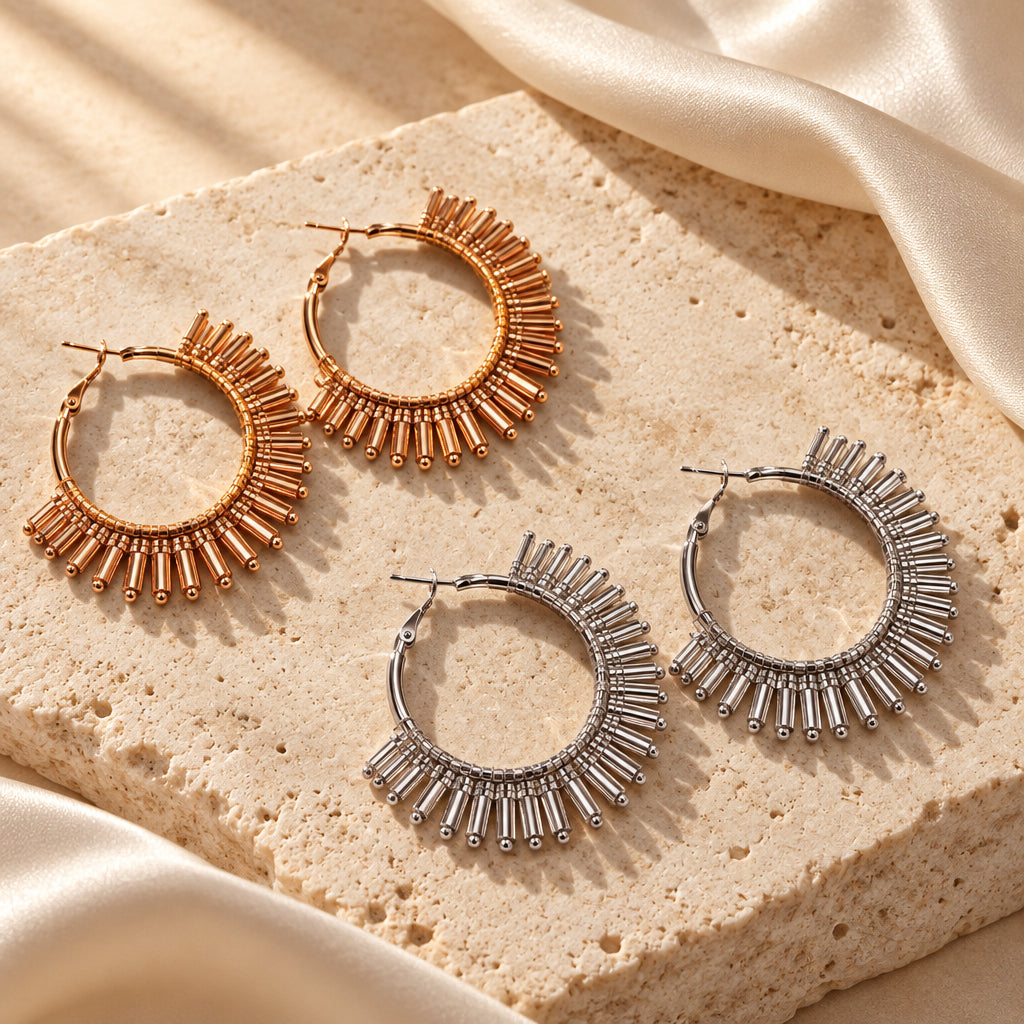 Éclat Ray handmade beaded hoop earrings available in gold and silver