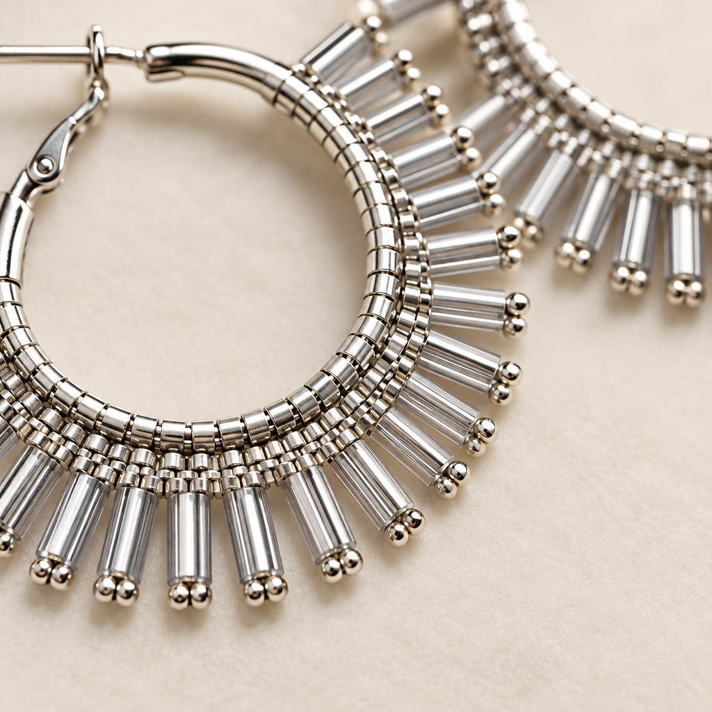 Close-up of handmade fringe beadwork on Éclat Ray hoop earrings