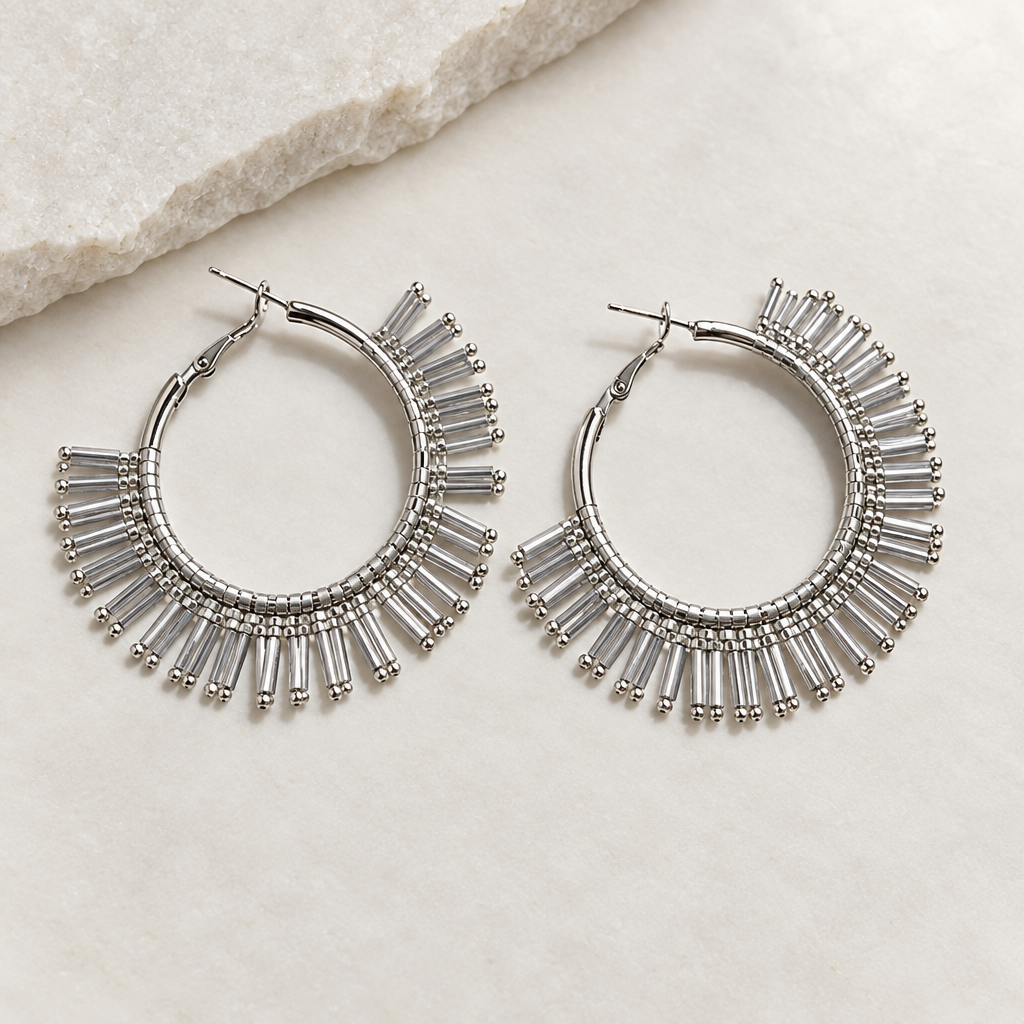 Silver Éclat Ray handmade beaded fringe hoop earrings