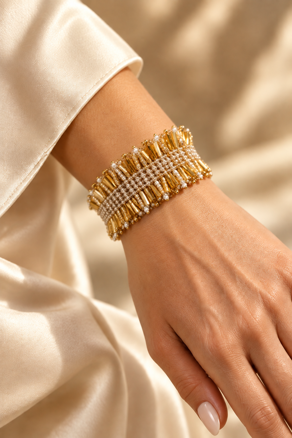 Éclat Solis 24K gold-plated Miyuki cuff bracelet worn on wrist