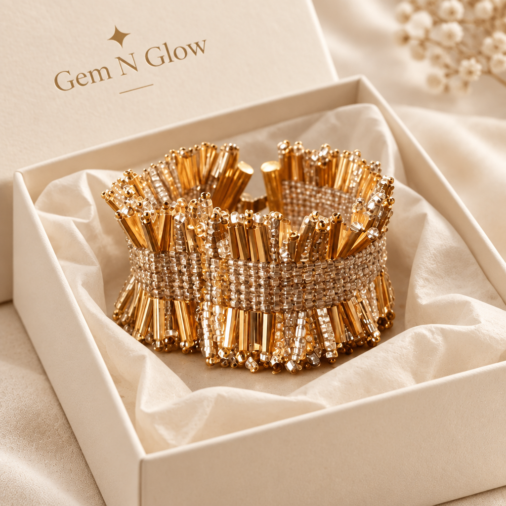 Éclat Solis 24K gold-plated Miyuki cuff in Gem N Glow gift packaging