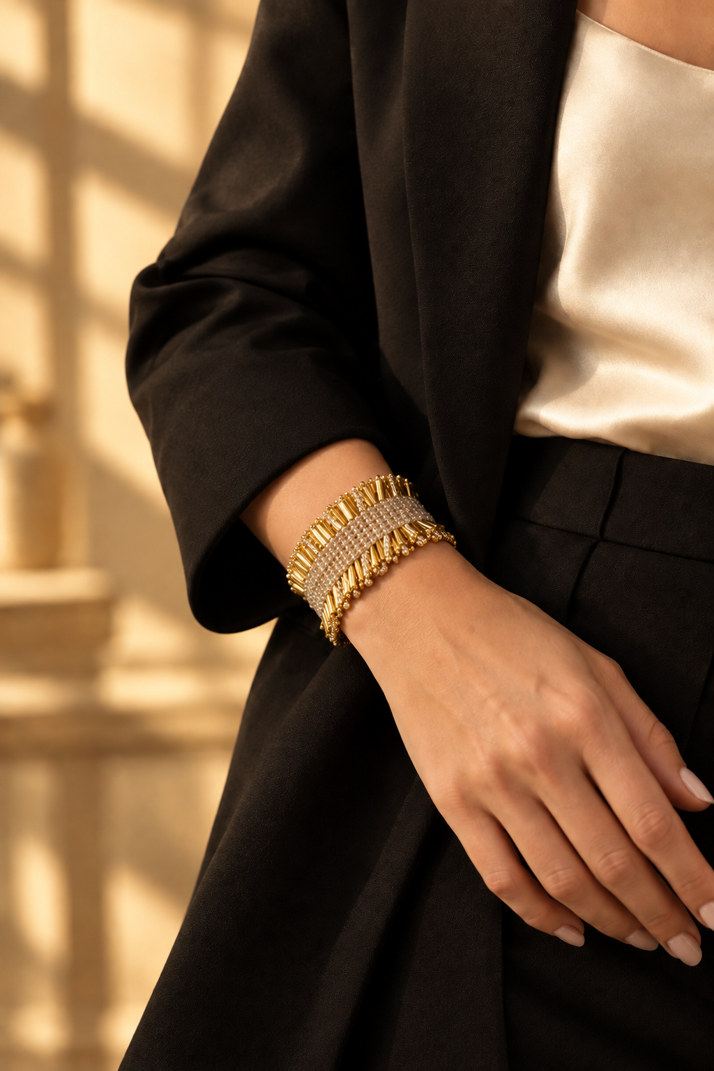 Éclat Solis 24K gold-plated Miyuki Bugle cuff styled in a layered bracelet stack