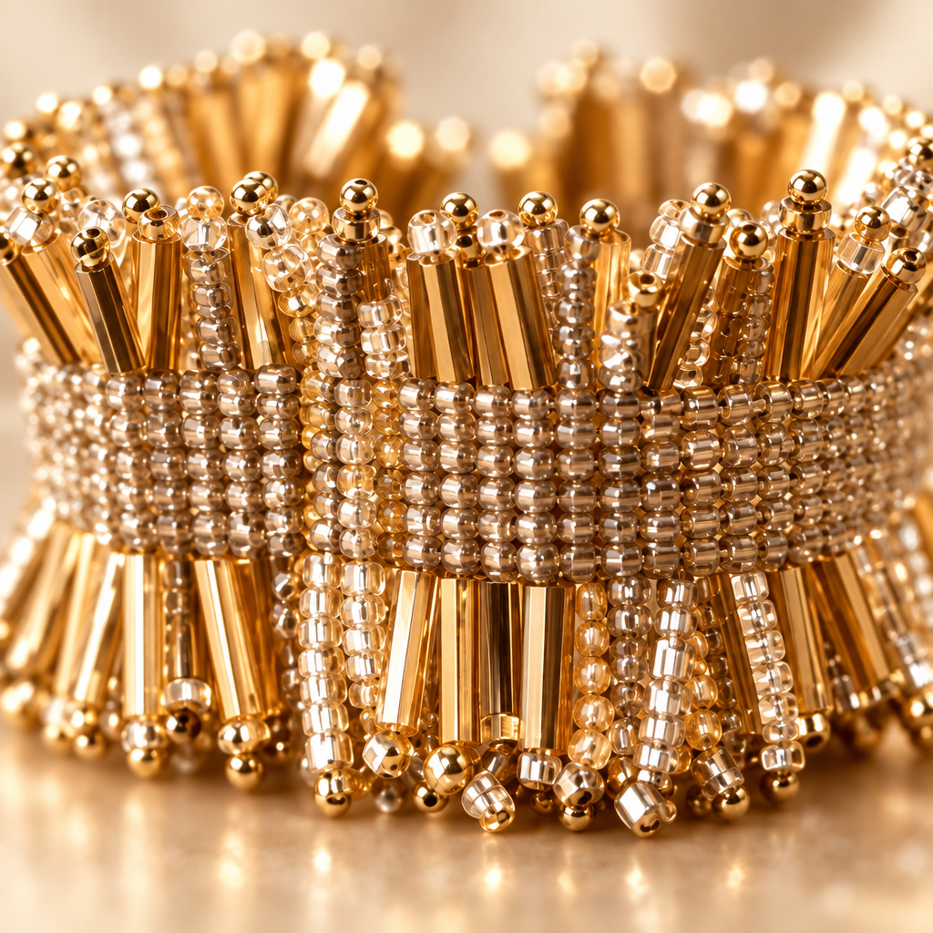 Close-up of 24K gold-plated Miyuki Bugle beads on handwoven statement cuff