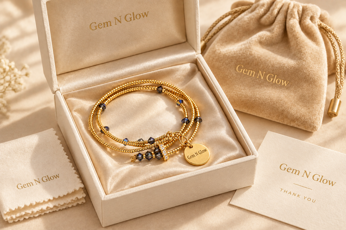 Éclat Trilogy gold Miyuki and Swarovski bracelet in Gem N Glow gift packaging