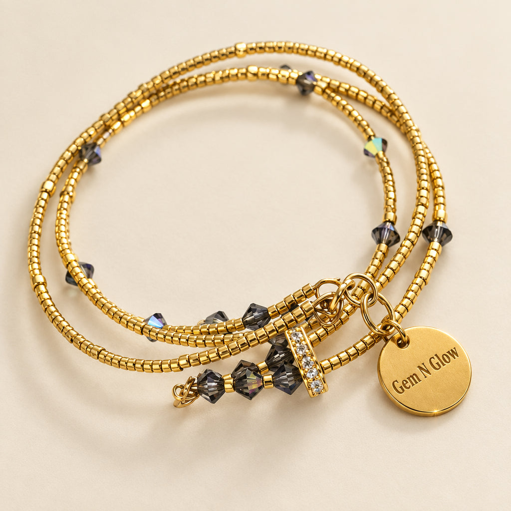 Éclat Trilogy handmade gold Miyuki triple strand bracelet with Swarovski crystal accents