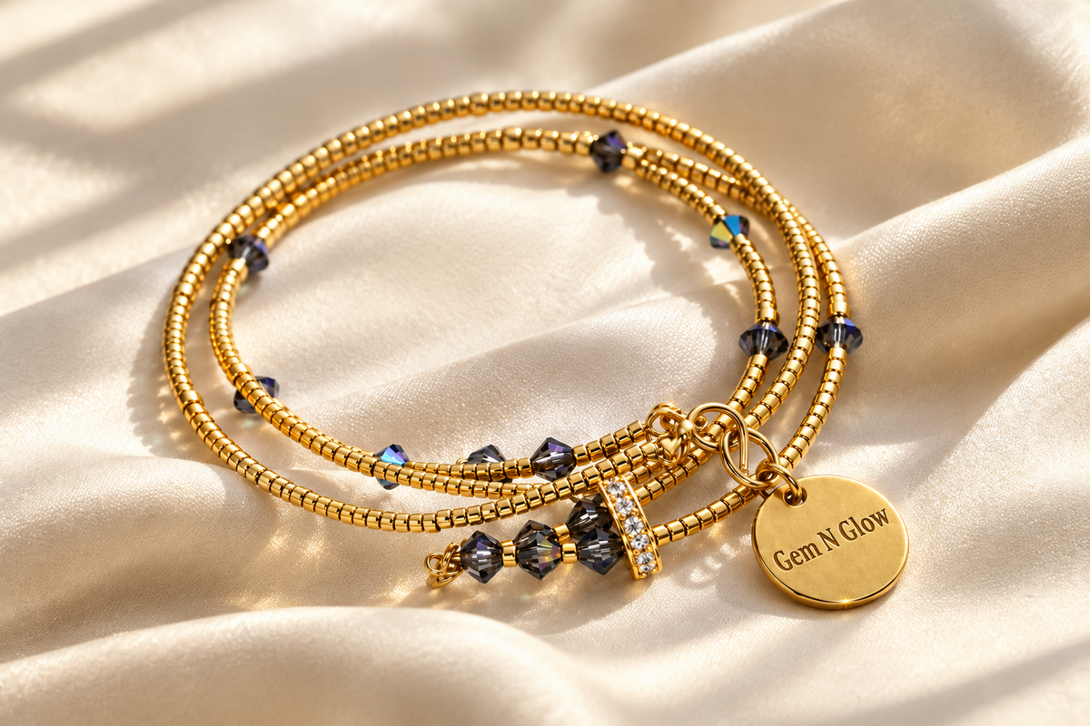 Three strand gold Miyuki bracelet with Swarovski crystals and layered design