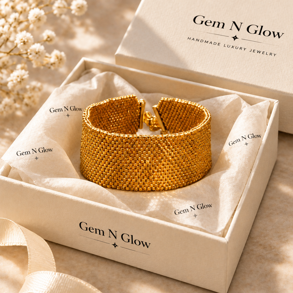 Éclat Doré handmade Miyuki cuff presented in Gem N Glow gift packaging
