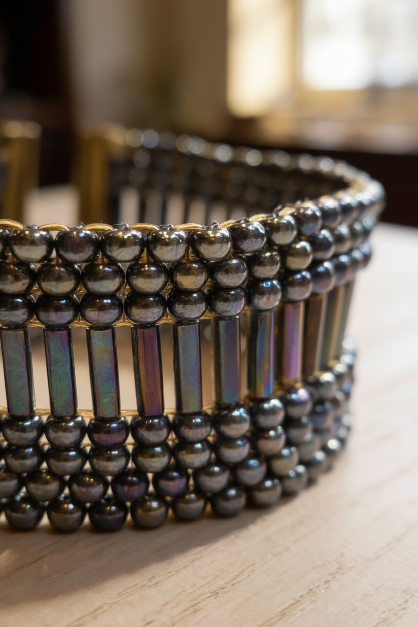 Close-up of round and bugle Miyuki beads in an iridescent cuff