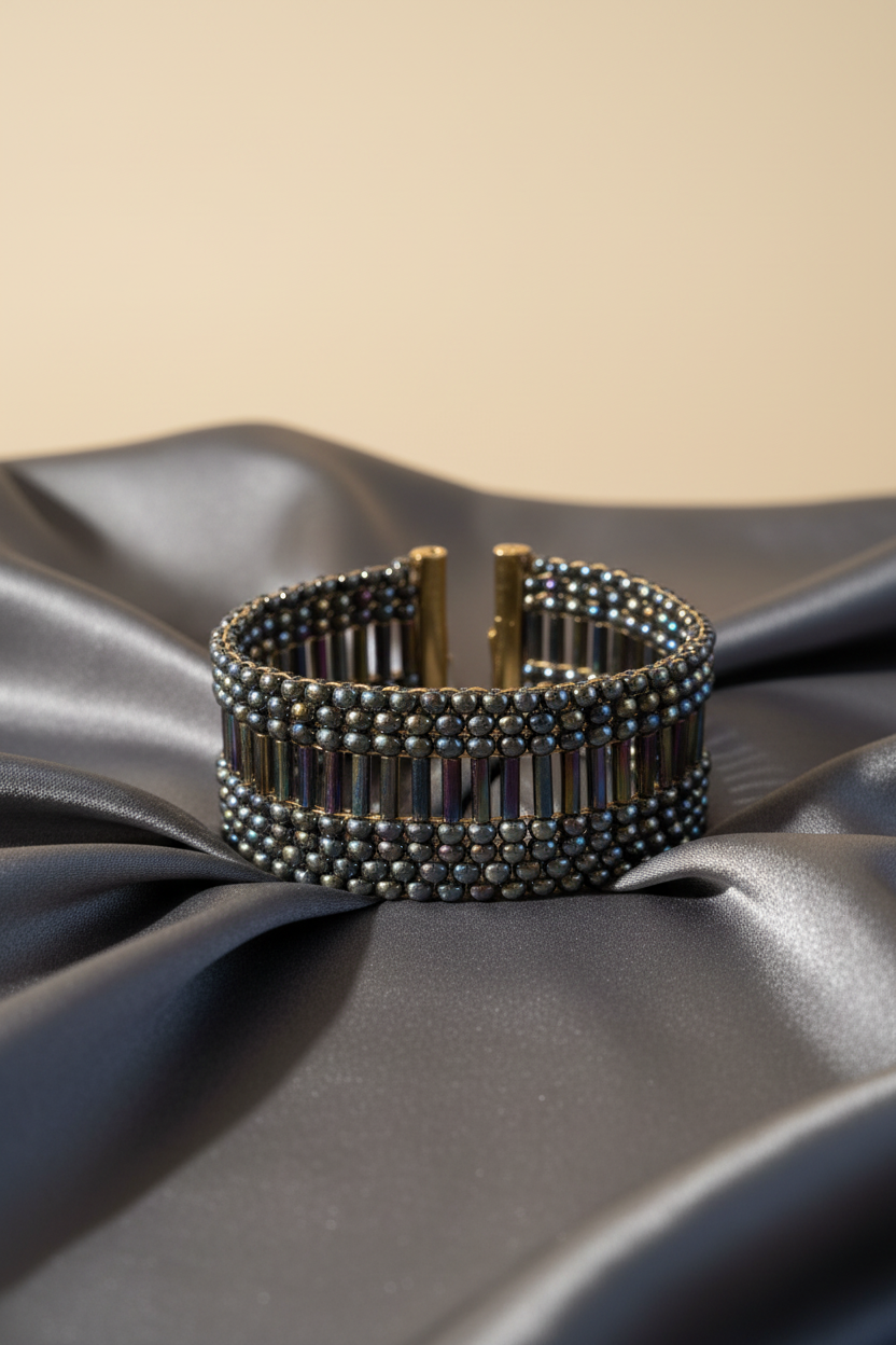Handwoven iridescent Miyuki statement bracelet on satin