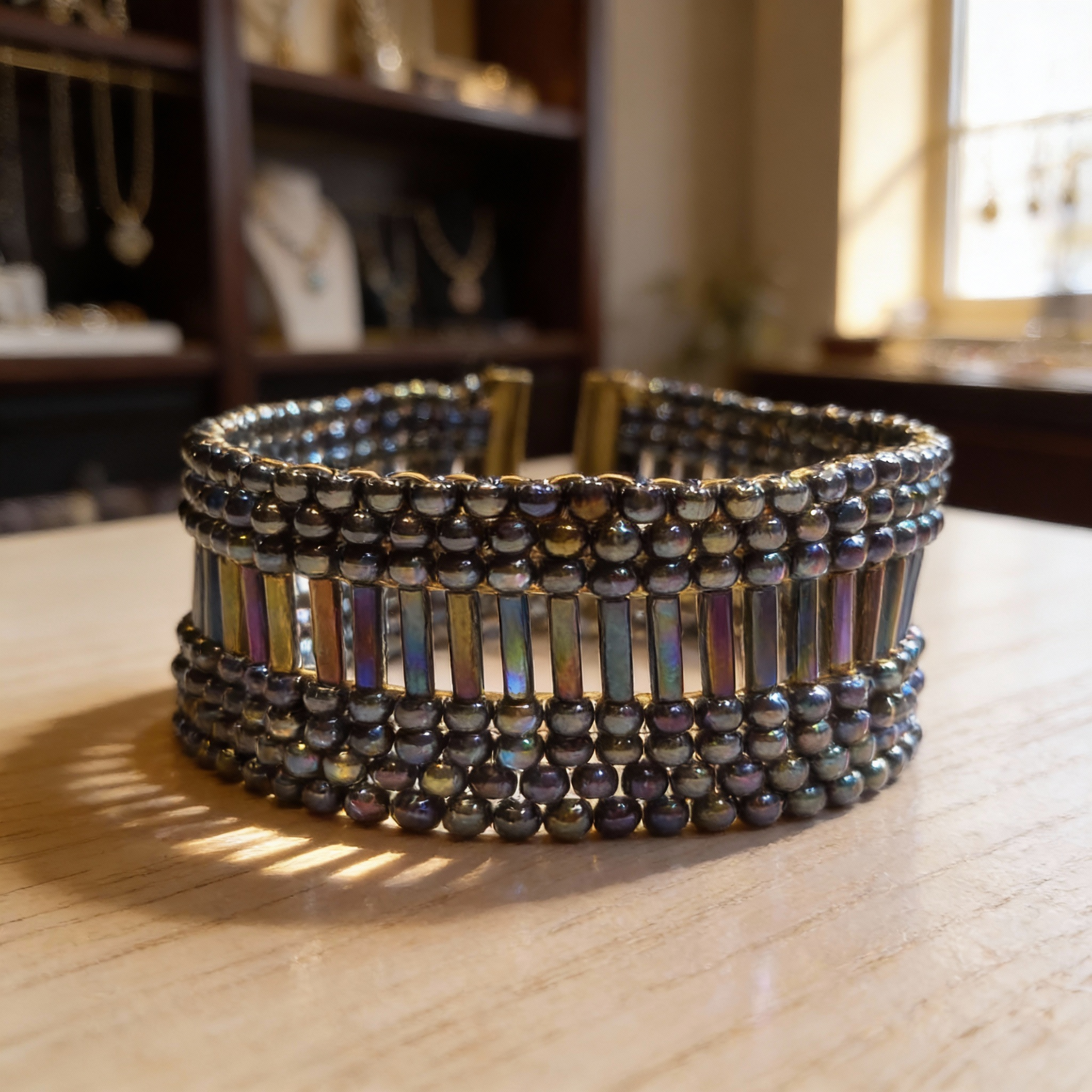 Wide iridescent Miyuki bead cuff with gold-plated clasp
