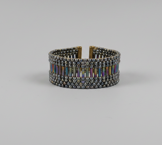 Wide iridescent Miyuki bead cuff with gold-plated clasp