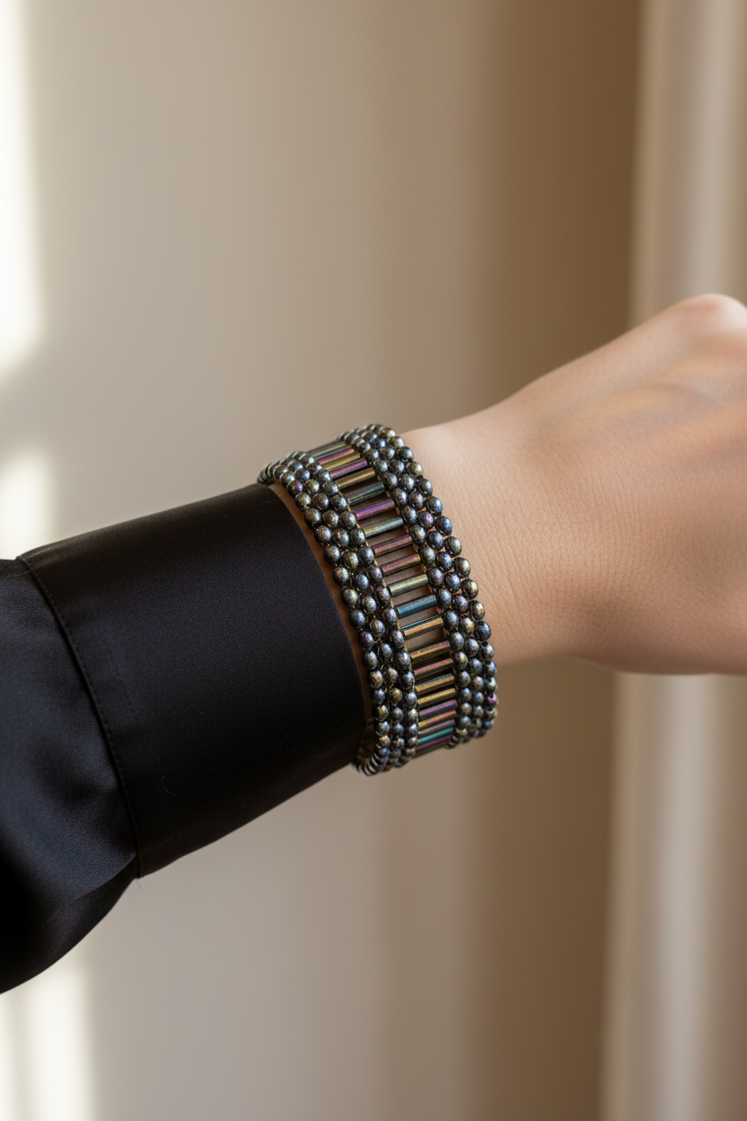 Eclipse Iris wide Miyuki cuff worn on a woman’s wrist