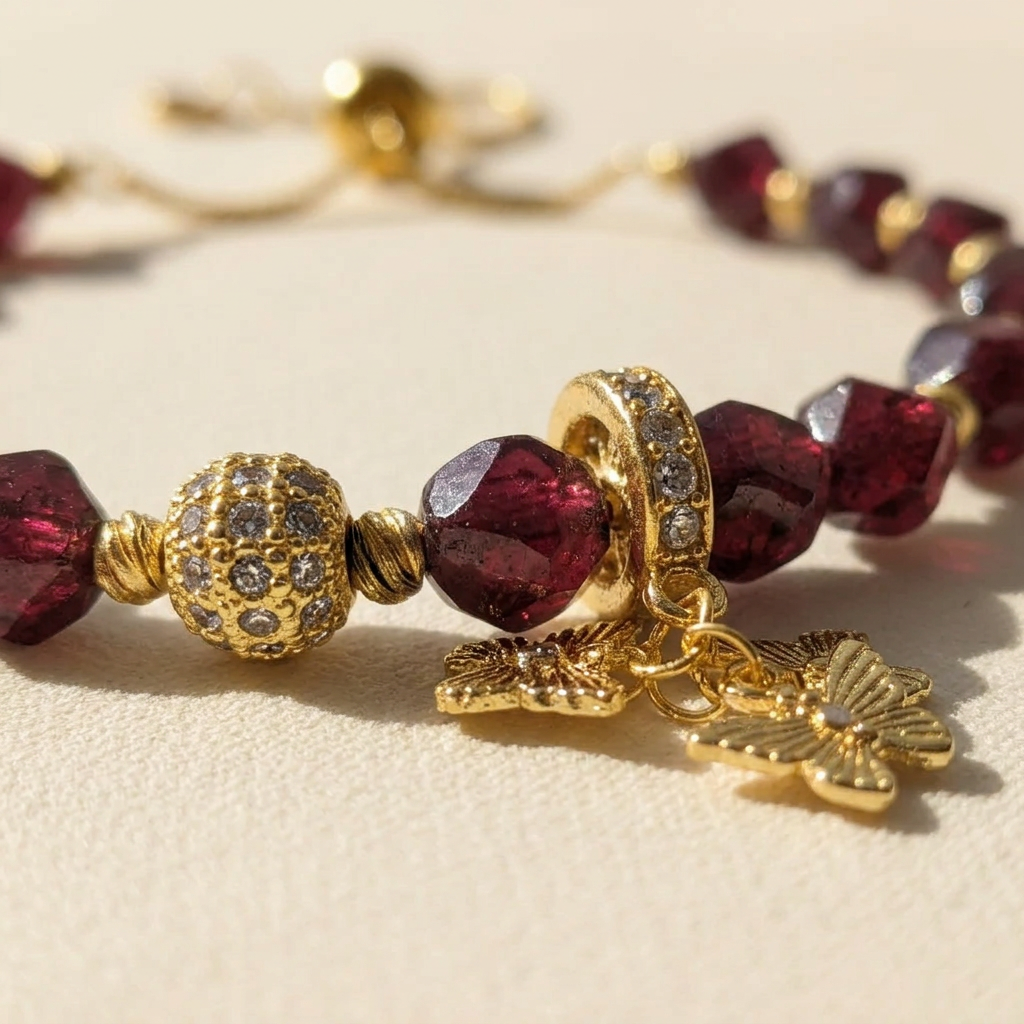 Close-up of deep red garnet beads and gold-plated butterfly detail