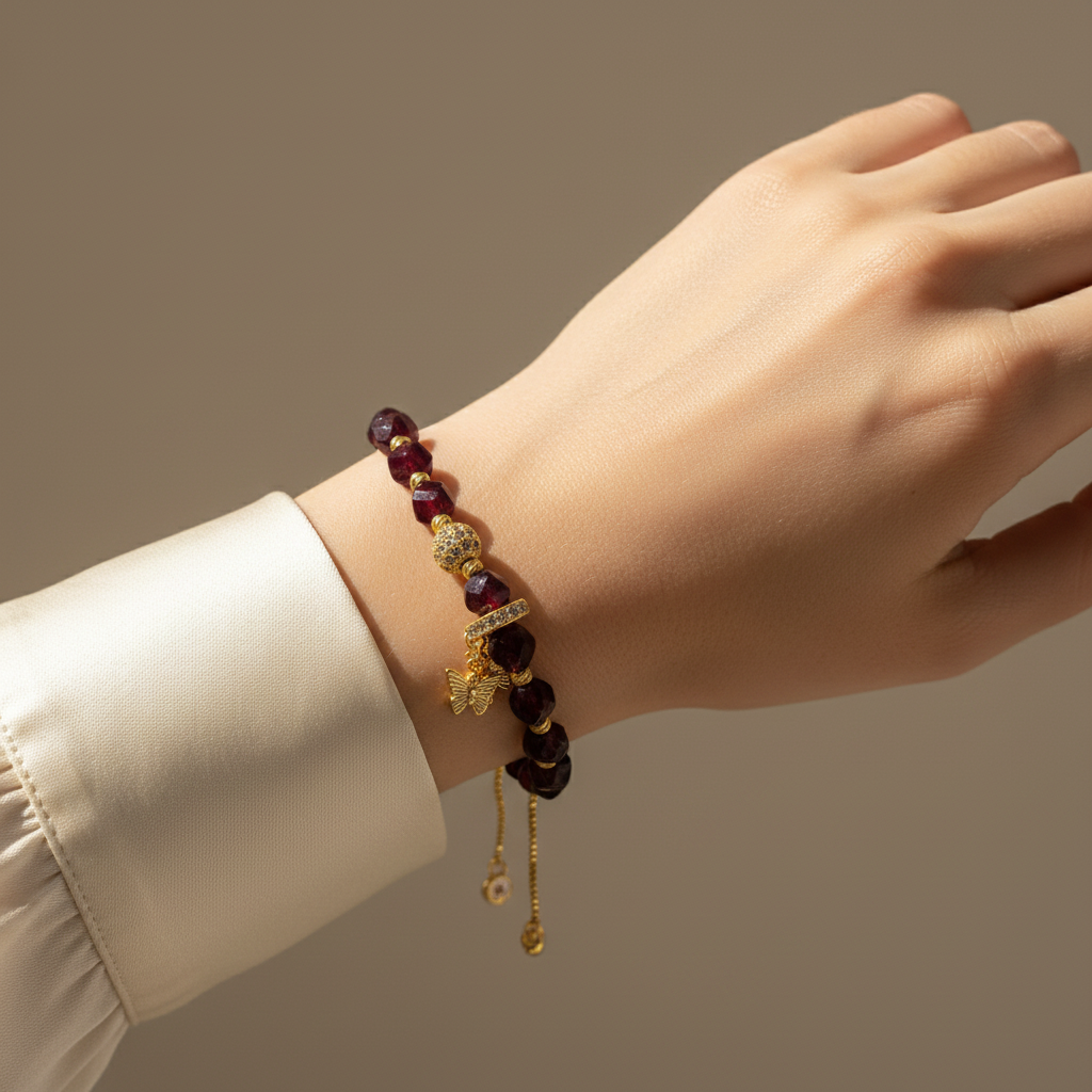 Woman wearing a natural garnet and gold butterfly bracelet