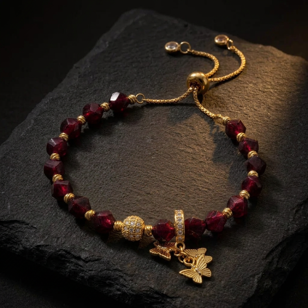 Detailed view of deep red garnet gemstone beads