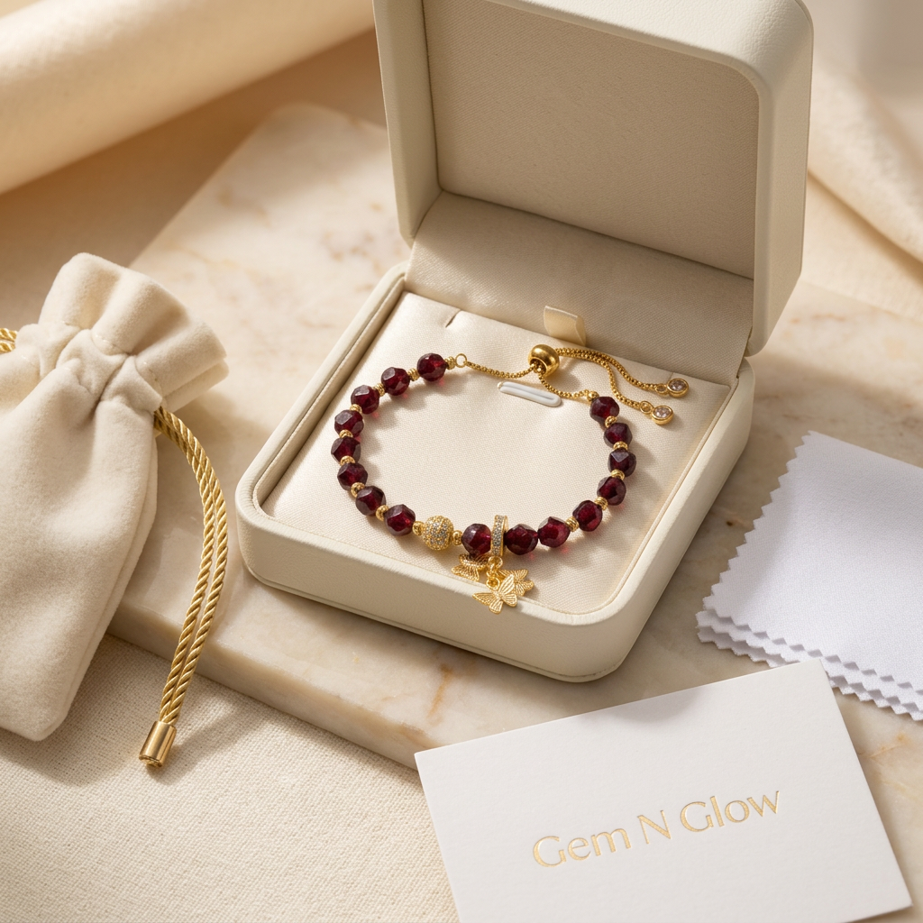 Garnet Flutter bracelet presented in Gem N Glow gift packaging