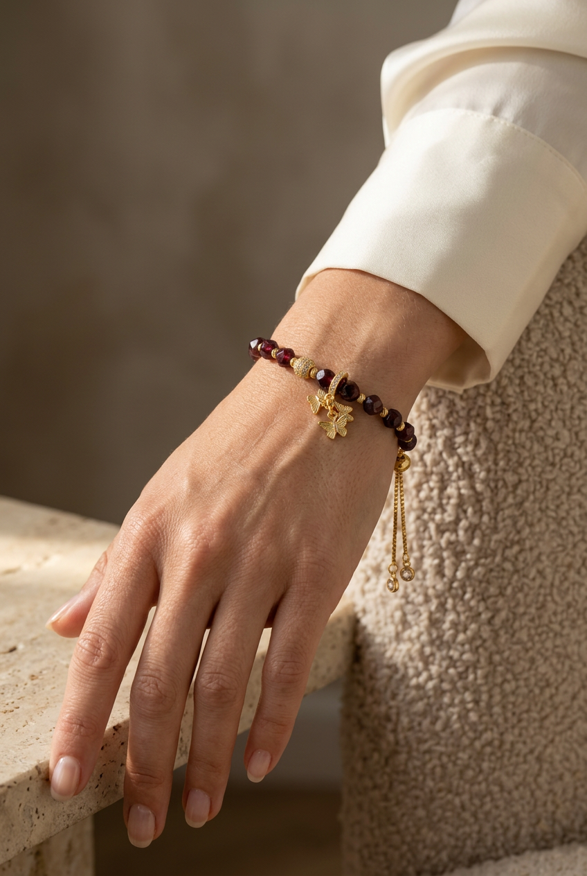 Garnet gemstone and gold butterfly bracelet worn on a woman's wrist