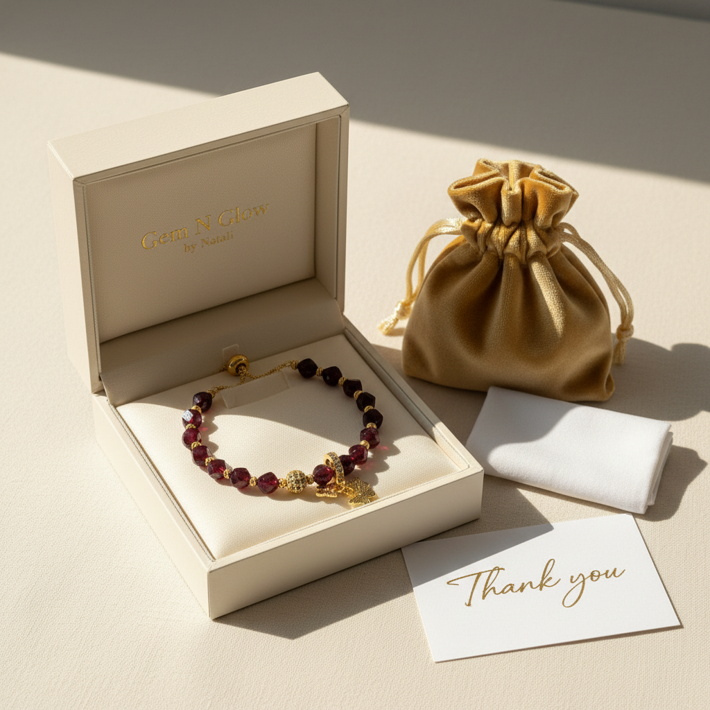 Garnet Flutter Bracelet presented in Gem N Glow gift-ready packaging