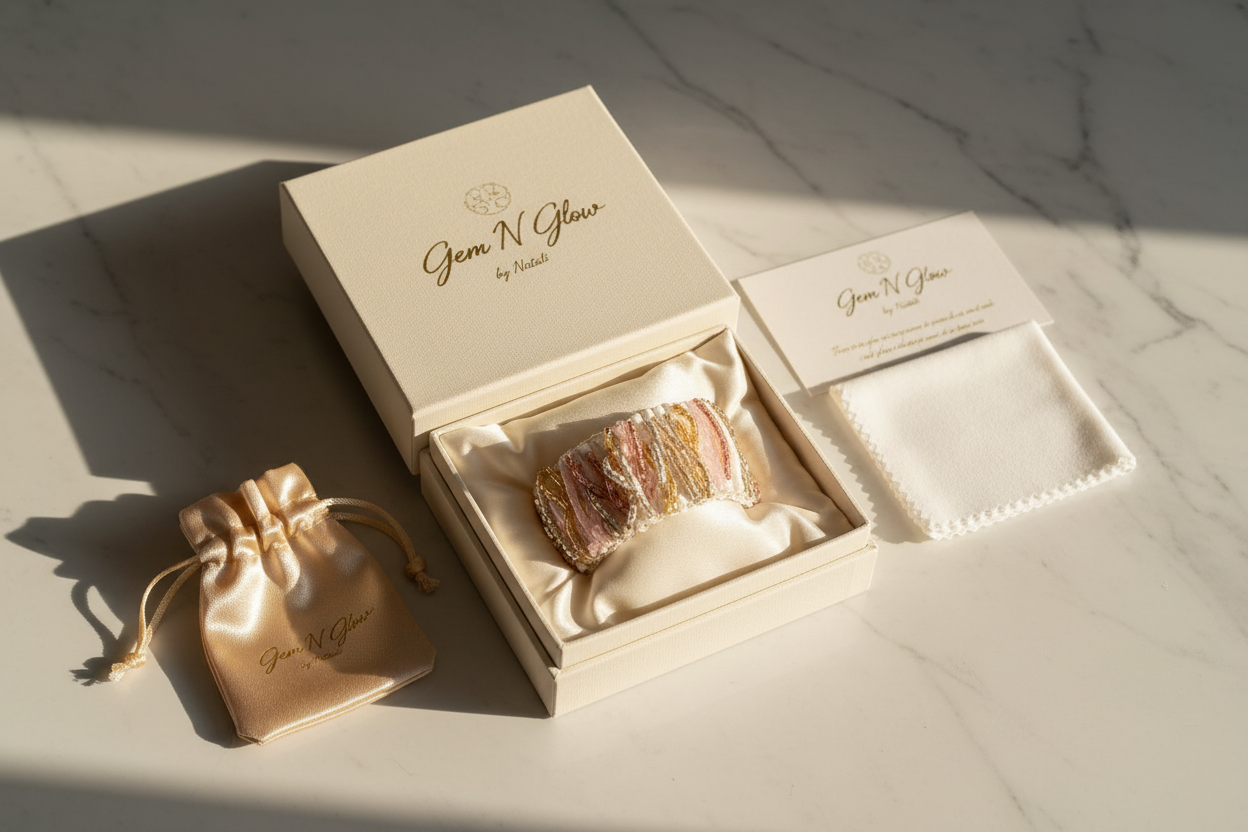 Blush Mosaic Cuff presented in Gem N Glow gift-ready packaging