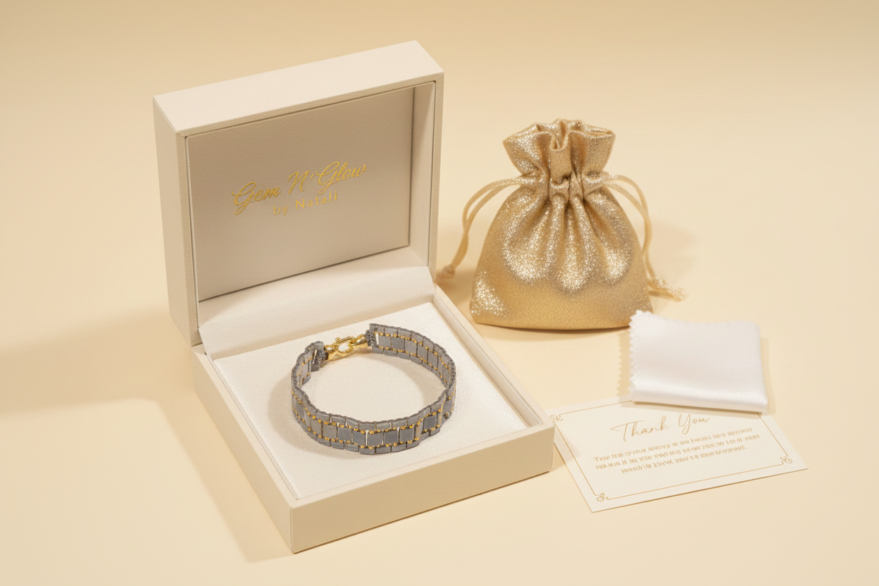 Slate Gold Miyuki bracelet presented in Gem N Glow gift packaging