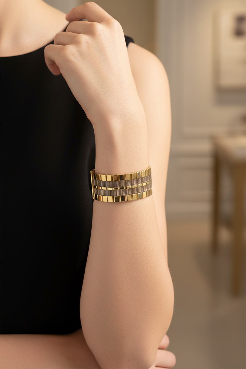 Wide geometric Miyuki Tila bracelet with gold-plated adjustable clasp 0n wrist