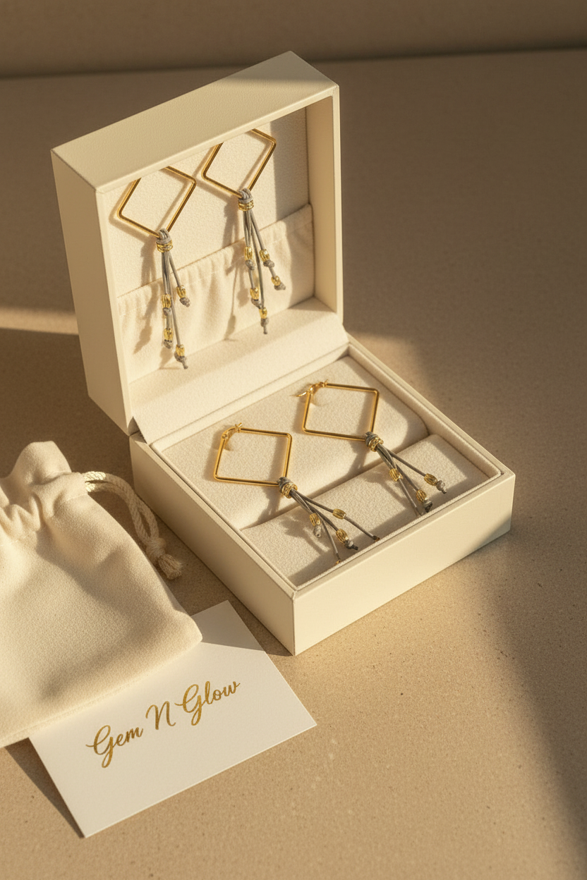 Handmade statement earrings with gold square hoops, graphite-grey fringe and gold-tone decorative beads.