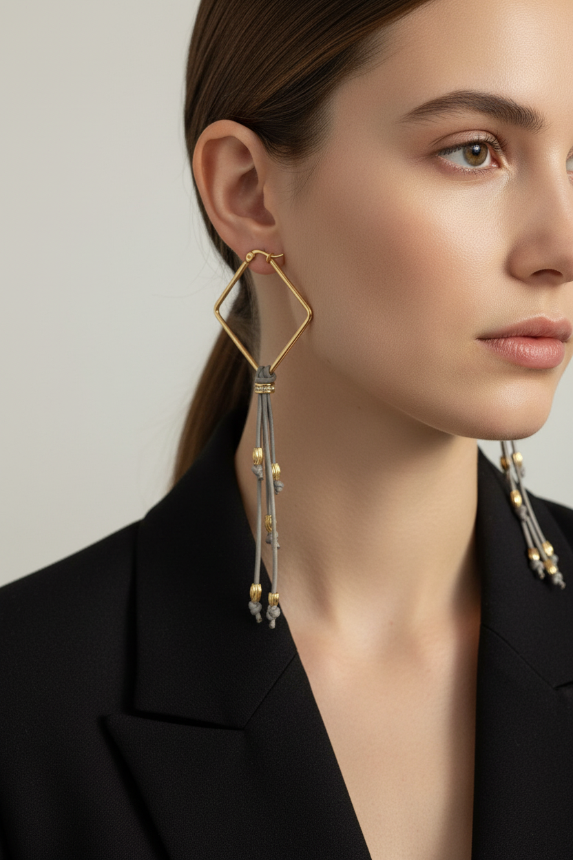 Graphite-grey statement earrings with square gold-plated hoops and warm metallic accents.