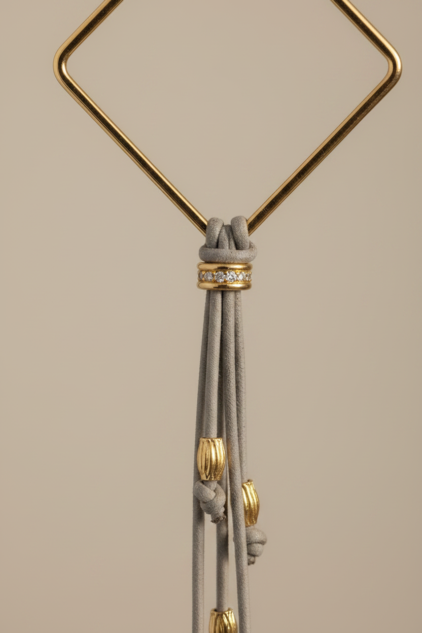 Luxury handmade fringe earrings in grey and gold with bold geometric square hoops.