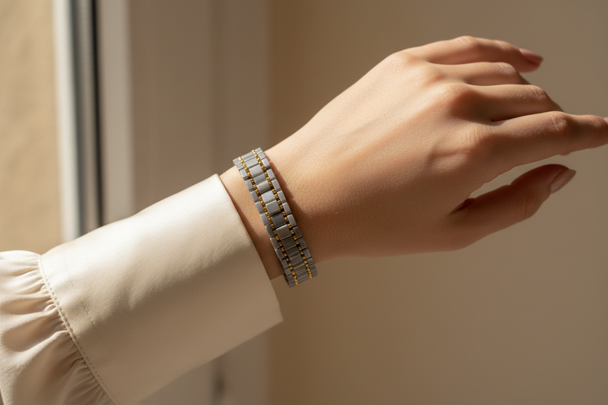 Woman wearing a wide grey and gold Miyuki Tila bracelet