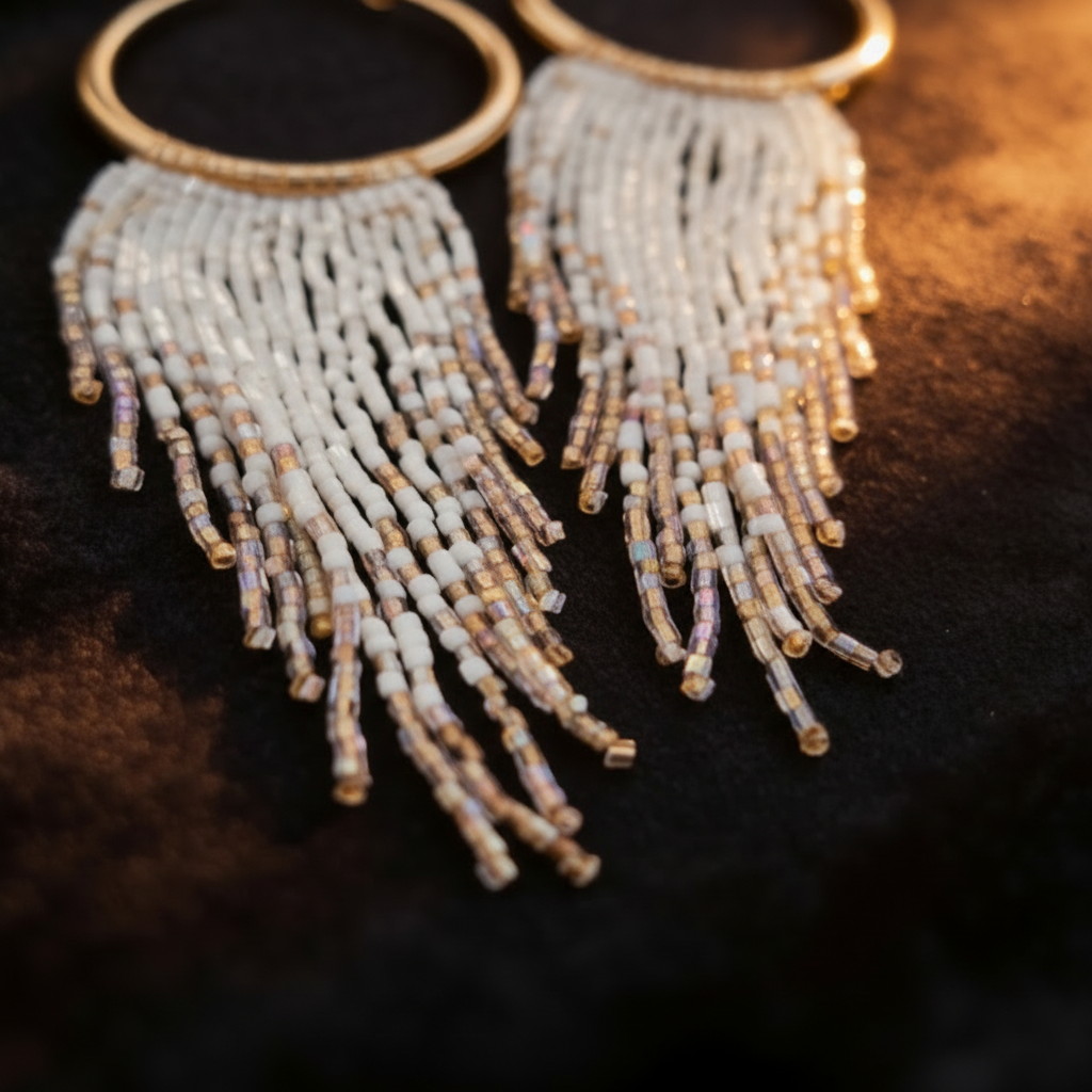 Close-up of ivory Miyuki bead fringe with iridescent accents