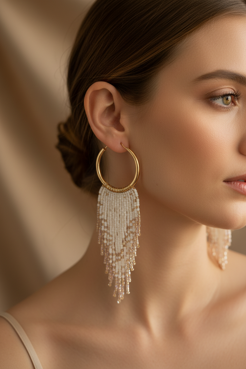 Ivory Cascade ivory Miyuki fringe hoop earrings worn on the ear