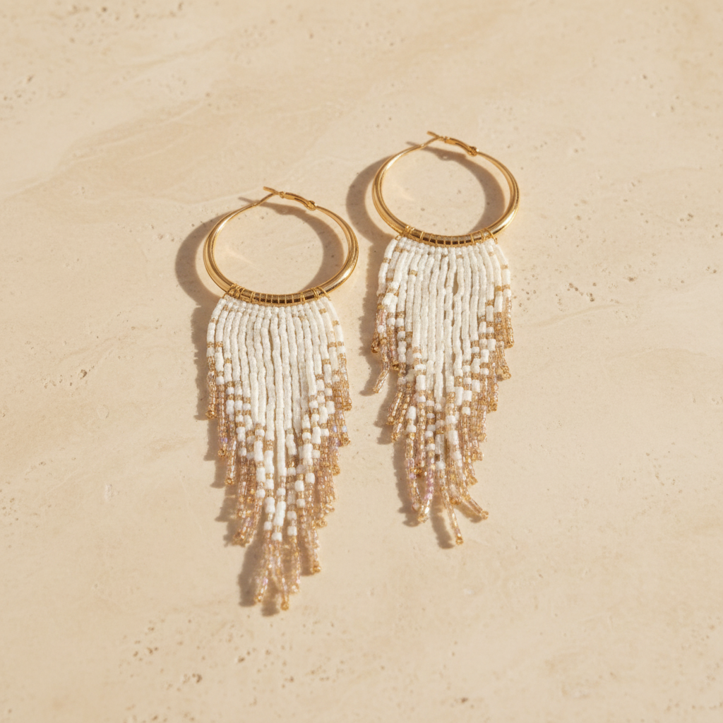 ivory Cascade handmade Miyuki fringe hoop earrings in ivory and gold